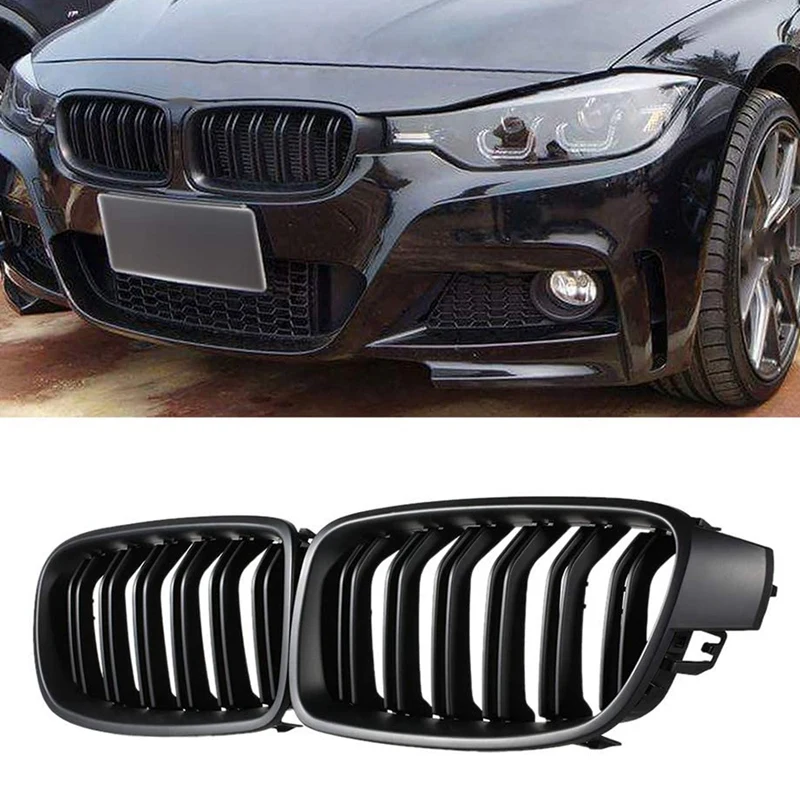 

F30 Grill, Front Hood Kidney Grille For-BMW 3 Series F30 F31 F35 2012-2018 (Double Slat Matt Black Grill, 2-Pc Set)