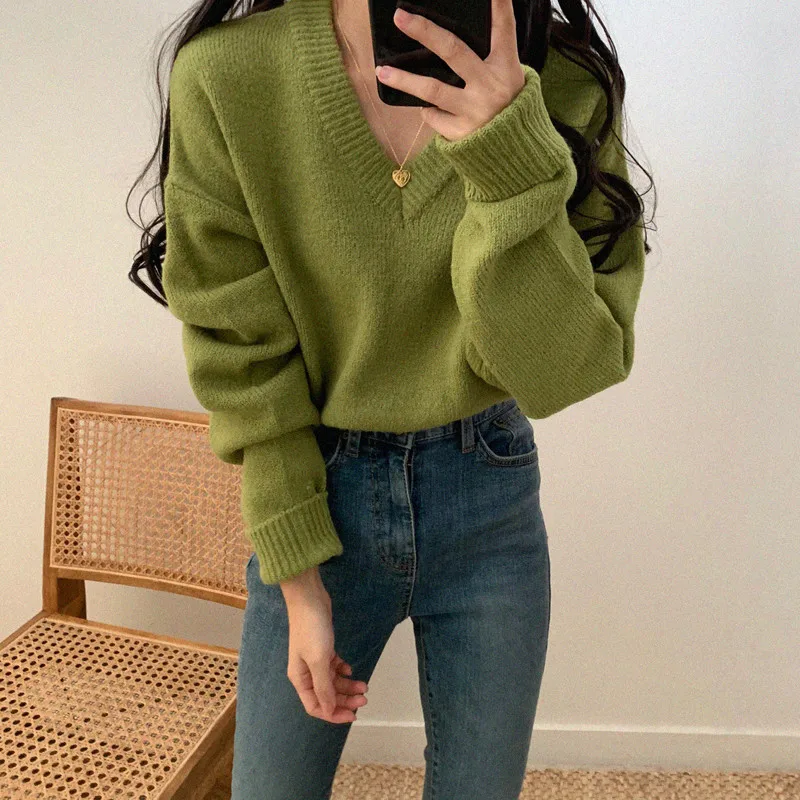 BGTEEVER, зимние теплые женские свитера с v-образным вырезом, свободные толстые вязаные пуловеры, женские мягкие вязаные Джемперы, pull femme