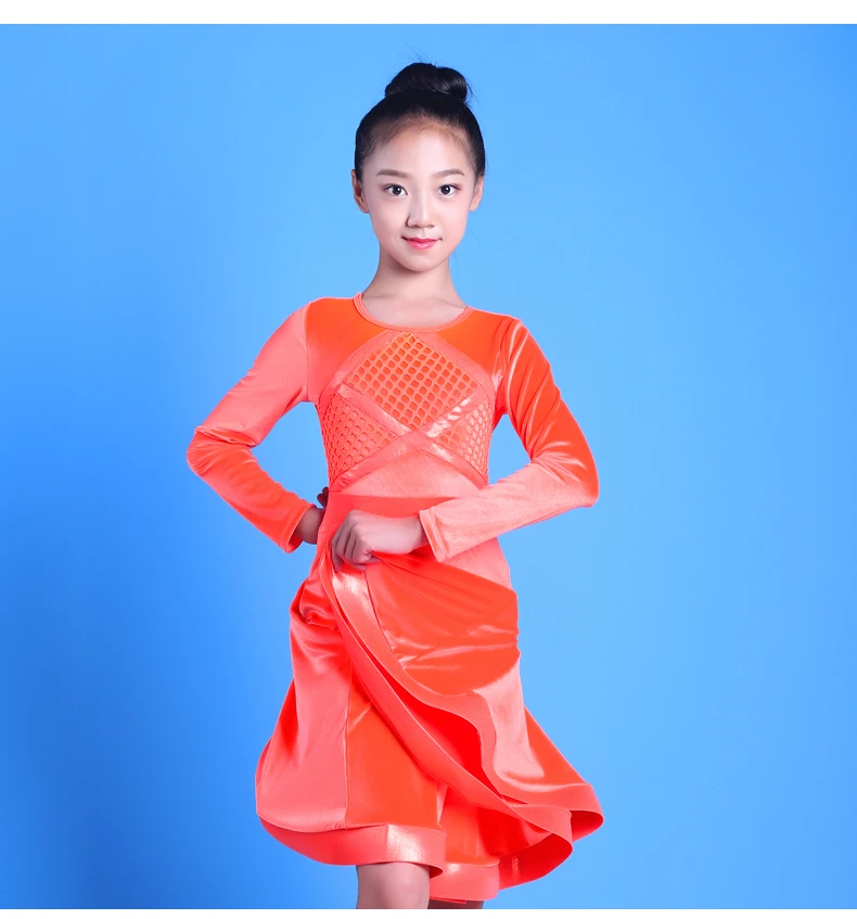 Latin Dance Dress Girls Winter Velvet Long Sleeves Competition Dresses Child Tango Rumba Salsa Cha Cha Samba Dancewear DNV12200