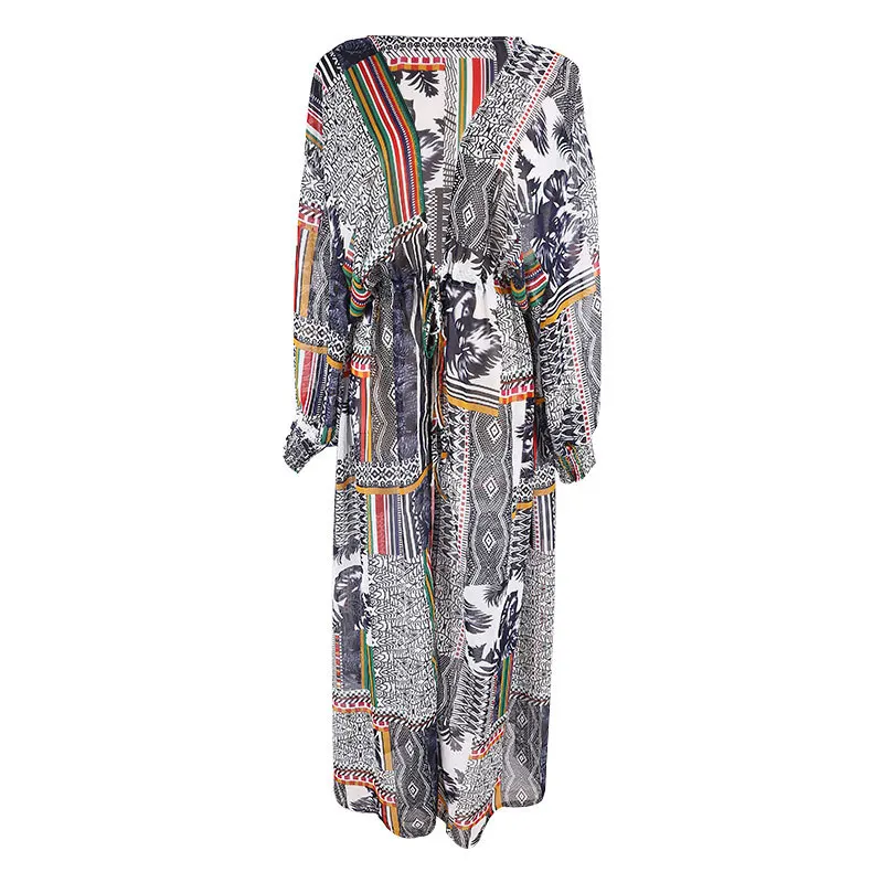 multi boho dress FORERUN Бохо накидка шифон длинное пляжное платье для женщин богемный Saida De Praia размера плюс обёрточная бумага мульти принт пляжная одежда Vestido - Цвет: multi boho dress