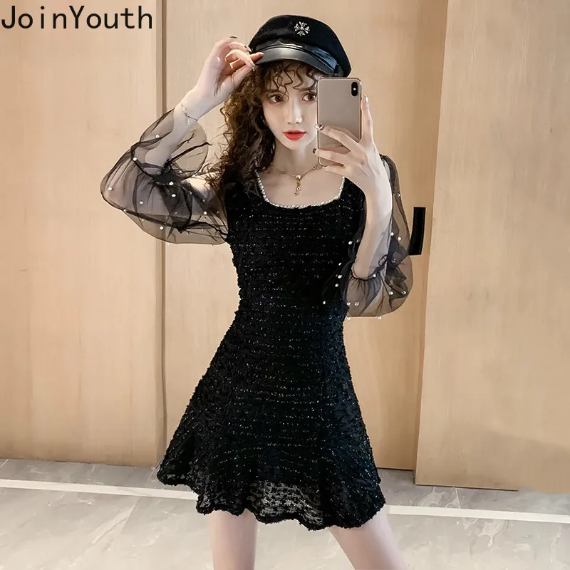 Joinyouth платье Для женщин корейский стиль, лоскутные роковой сетки Бисер однотонная женская одежда трапециевидной формы Высокая Талия Костюмы модная куртка с надписью «Mini 279