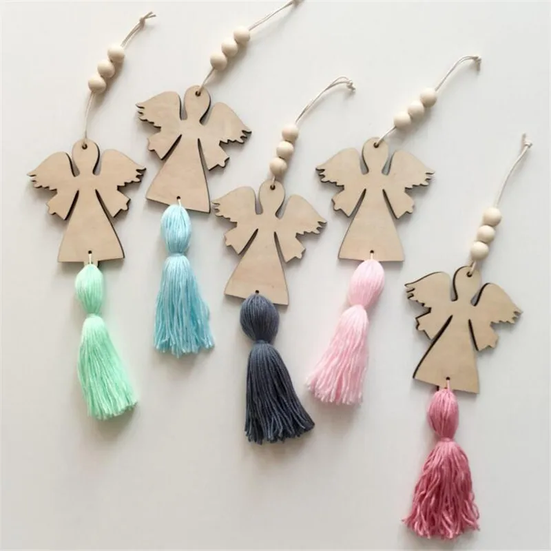 

Nordic Style Cute Angel Shape Wooden Bead Tassel Pendant Kid Room Decoration Wall Hanging Ornament Photography Accessories