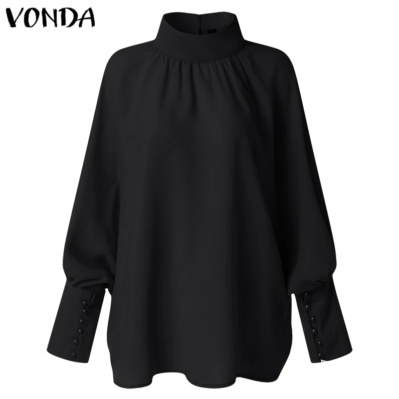 Black VONDA размера плюс, женская блузка,, Весенняя туника, сексуальная, с круглым вырезом, с длинным рукавом-фонариком, рубашки, повседневные, свободные, блузки, офисные, женские топы - Цвет: Black
