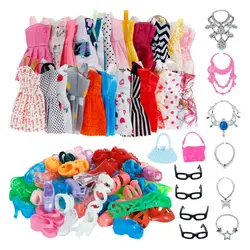 Accessoires pour poupées barbie, 32 articles/ensemble = 10 robes + 4 lunettes + 6 colliers en plastique + 2 sacs à main + 10 paires de chaussures 