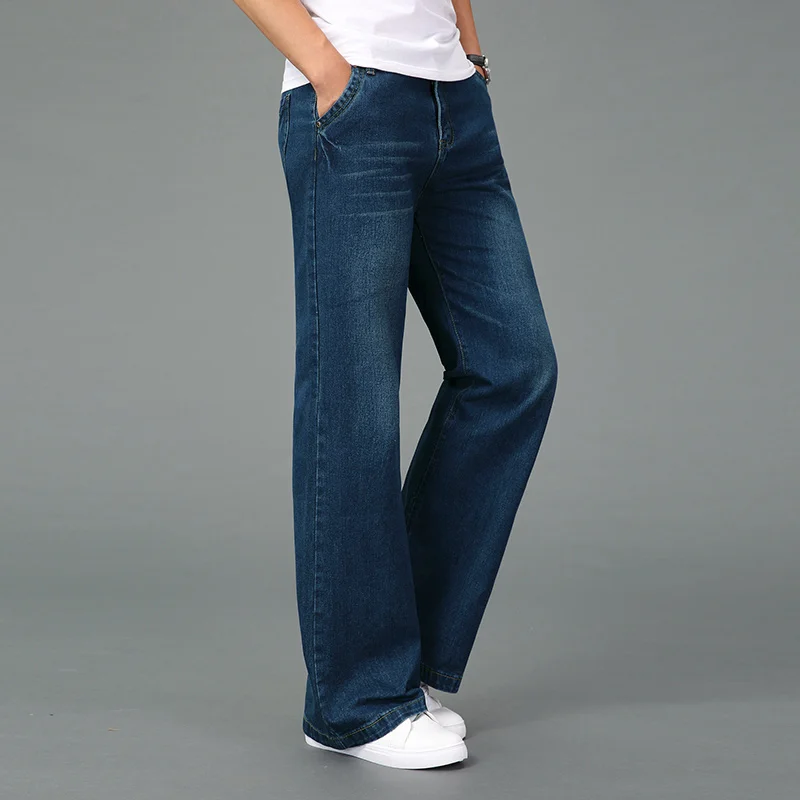 Men Casual Pants Flared Boot Cut Jeans Big Leg Classic Blue Denim Spring and Autumn