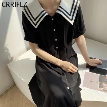 

CRRIFLZ 2020 New Sweet Sailor Collar Short Sleeve Dress Women Medium Long Single Breasted Summer Dress