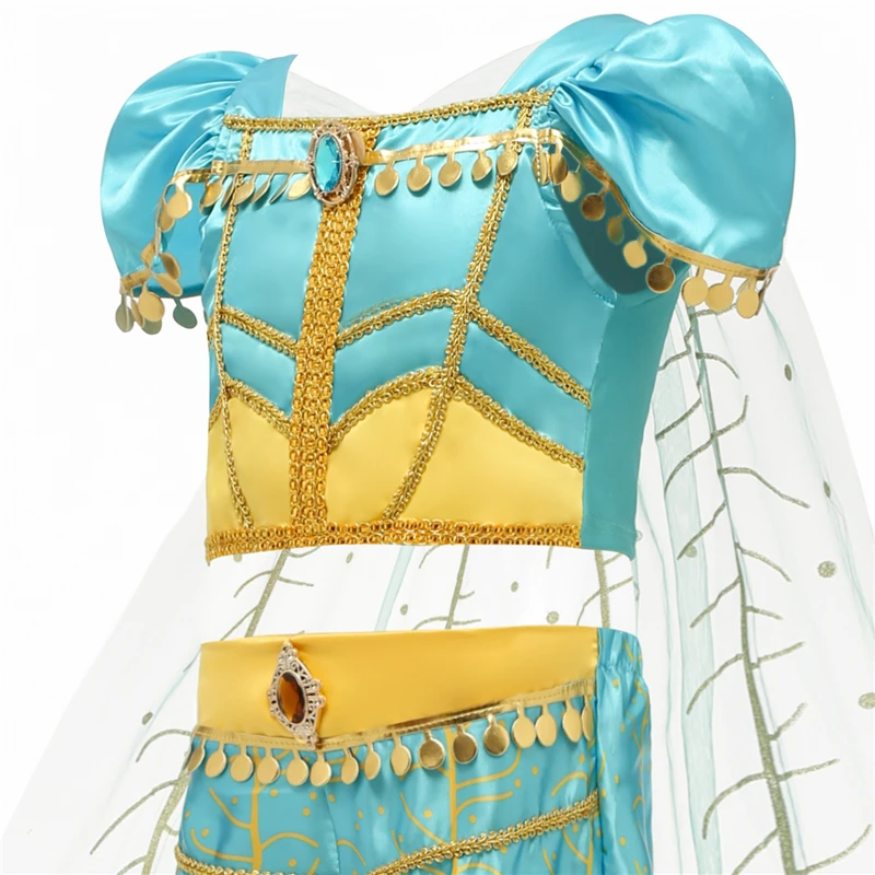 Jasmine Cosplay Costume Full Set Girls Princess Skirt Aladdin Costumes Necklace Crown Earring Jewelry Suit Halloween Dresses