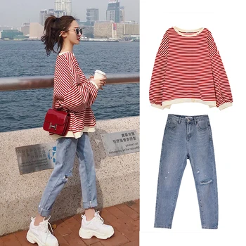 

S 4XL oversize denim new plus size Two Piece Suit autumn Women suits long sleeve stripe t shirt Elegance jeans pants set