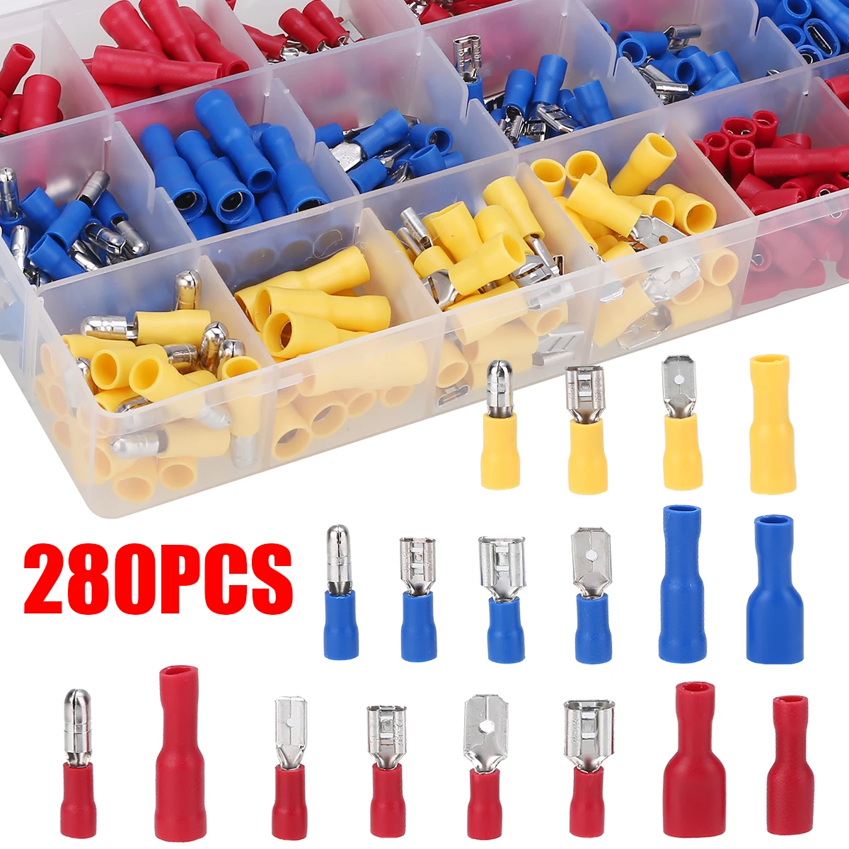 

280pcs Assorted Full Insulated Set Wire Terminals Connectors Electrical Crimp Spade Female and Male Cable Terminals Assorted Kit