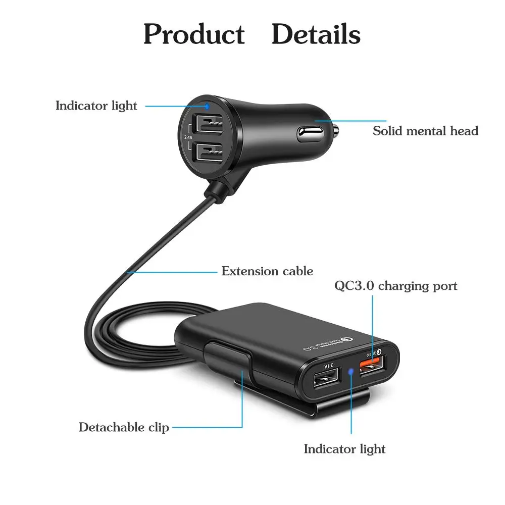 Car Charger Car Phone Charger VAORLO 36W Quick Charge 3.0 USB Car Charger Extension Cord Cable Car Usb Charger Passenger Rear