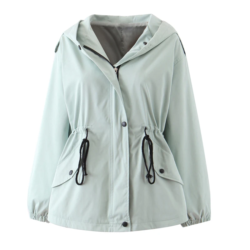

2019 Autumn New Women Jacket Drawstring Hem Long Sleeves Hooded Coat Lightweight Korean Windbreaker Streetwear Size S-XXL