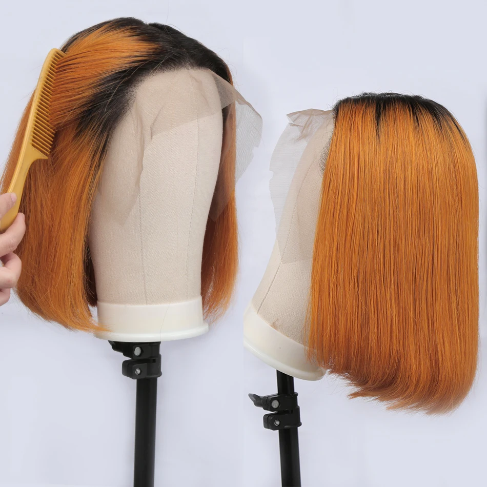Ombre Human Hair Wig Straight 13x6 Orange Color Lace Front Pre Plucked Colored Wigs Remy Frontal | Шиньоны и парики