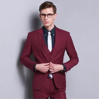 

Burgundy Men's Dresses Suits Three 3 Pieces Groom Tuxedos for Wedding Business Prom Blazers Jacket+Vest+Pant