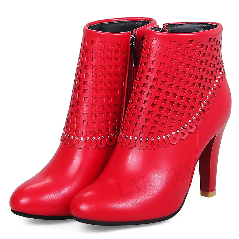 

LAIGZEM Women Booties Cut Outs Spike High Heel Side Zip Winter Short Ankle Boots Shoes Woman Botines Mujer Large Size 46 47 48