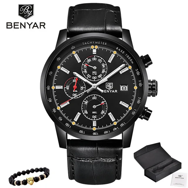 Black BENYAR часы мужские роскошные брендовые кварцевые часы с хронографом модные спортивные автоматические часы с датой кожаные мужские часы Relogio Masculino - Цвет: Black