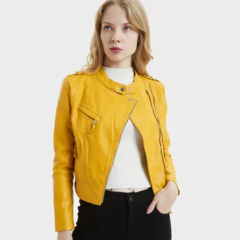 

Women Short Fitted Motorcycle PU Leather Jacket faux leather Coat Mandarin Collar