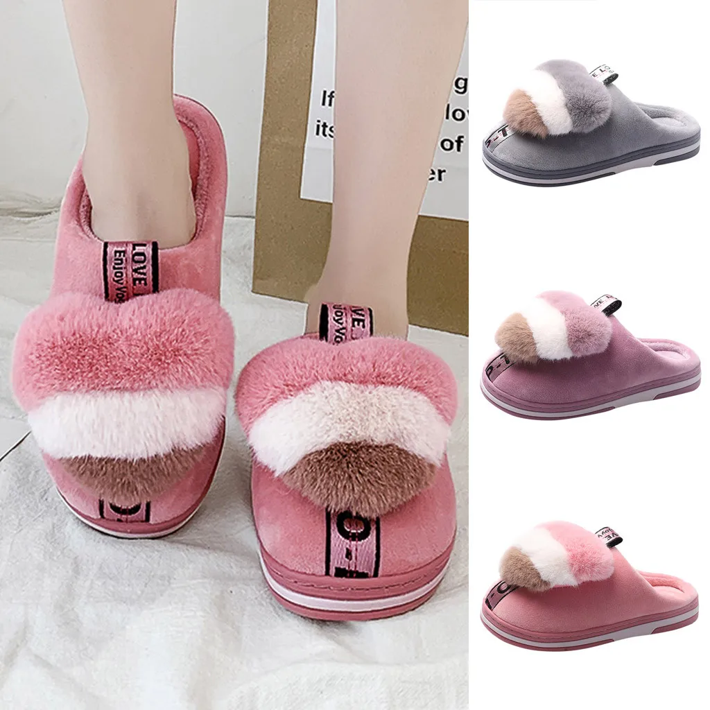 Cute Heart Fur Slides Women Winter Furry Slippers Ladies Warm Indoor Shoes Soft Plush Lovely Female Thermal Home Slippers#YL5