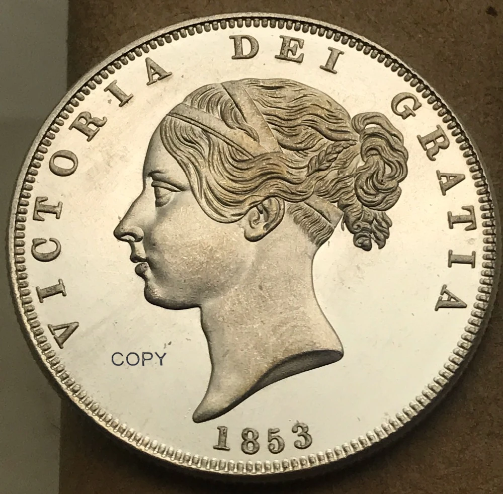 Великобритания 1853 1/2 Корона голова Виктории левое МР Деф медная Посеребренная Имитация монеты