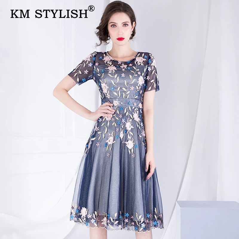 

Women Clothing Elegant Dress 2019 New Embroidery Mesh Beading Vestidos O-neck High Waist Patchwork Slim Female One-piece Dress