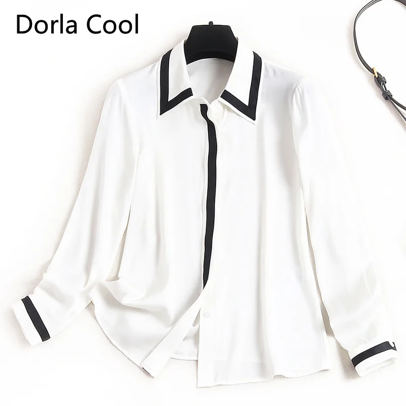 

New Real Silk Women Blouse Patchwork Turn Down Collar High Quality Office Lady's Soft Stain Solid Pink Shirts Meeting Top Blusas