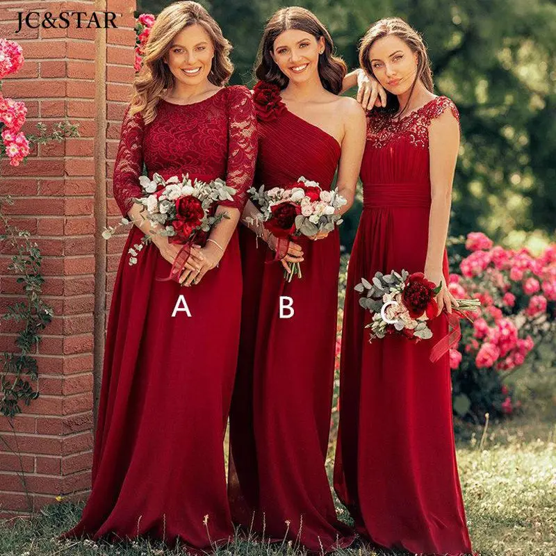 

Burgundy Lace Appliqued Bridesmaid Dresses 3/4 sleeve Chiffon Aline wedding evening Gown Long elegant vestido de fiesta de boda