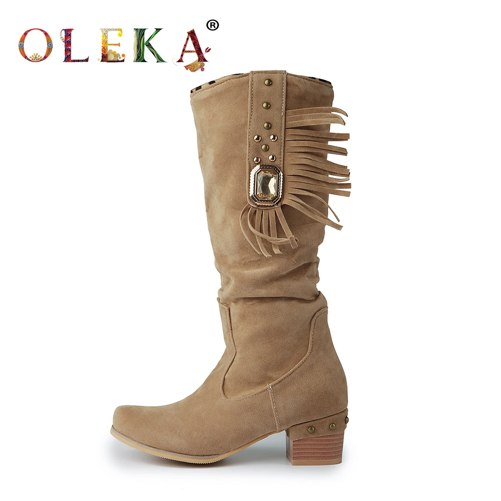 

OLEKA Mid-calf Winter Women Boots Square Heel Fringe Round Toe Winter Boots Women Retro Style Basic New AS390