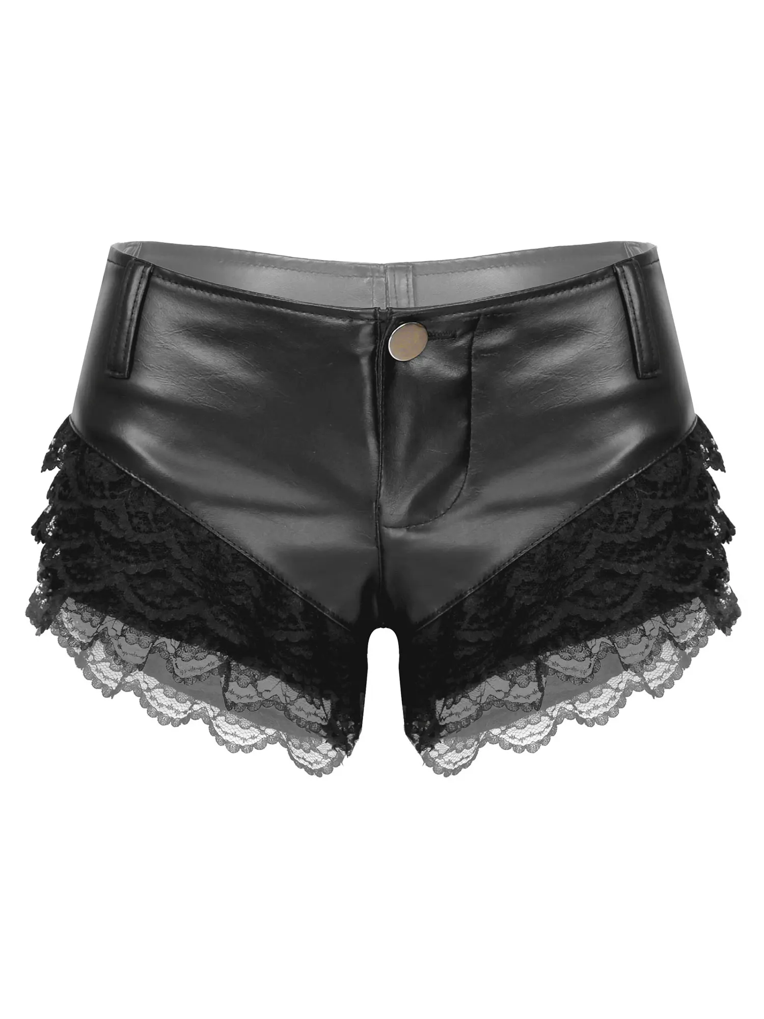 Women High Waist Faux Leather Shorts Sexy Club Slim Solid Black Summer Short Pants Lace Patchwork Elastic Push up PU Shorts