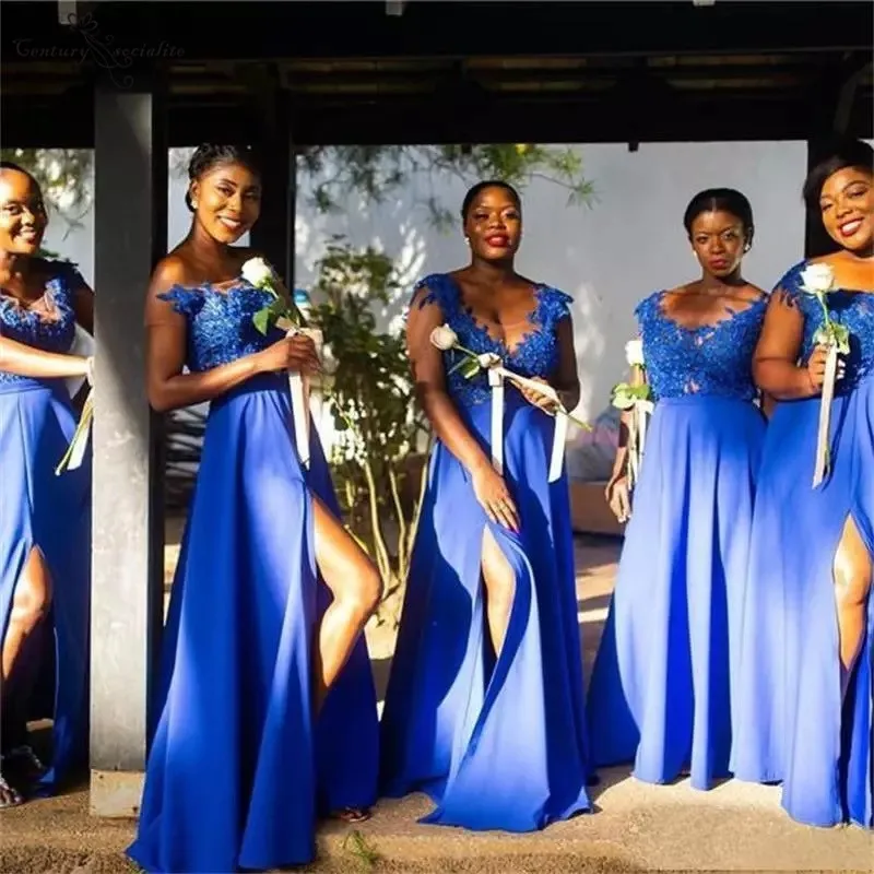 Королевские синие кружевные платья подружек невесты, длинное шифоновое платье с высоким разрезом и прозрачной шеей, аппликация, свадебное платье для гостей, выпускные недорогие вечерние платья