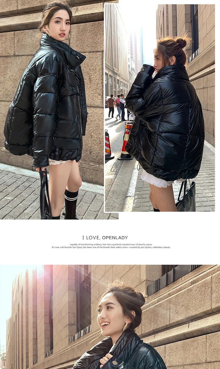 Zipper Reflective Winter Coat Women Glossy Pocket Loose Female Jackets Streetwear Parka Jacket Casacas Para Mujer Korean Outwear