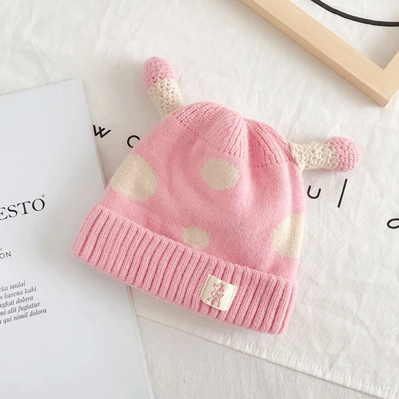 pink Детская зимняя шапка, милые вязаные шапочки в горошек для девочек и мальчиков, модная повседневная теплая хлопковая шапка, детская шапка, От 1 до 3 лет, 6 цветов - Цвет: pink