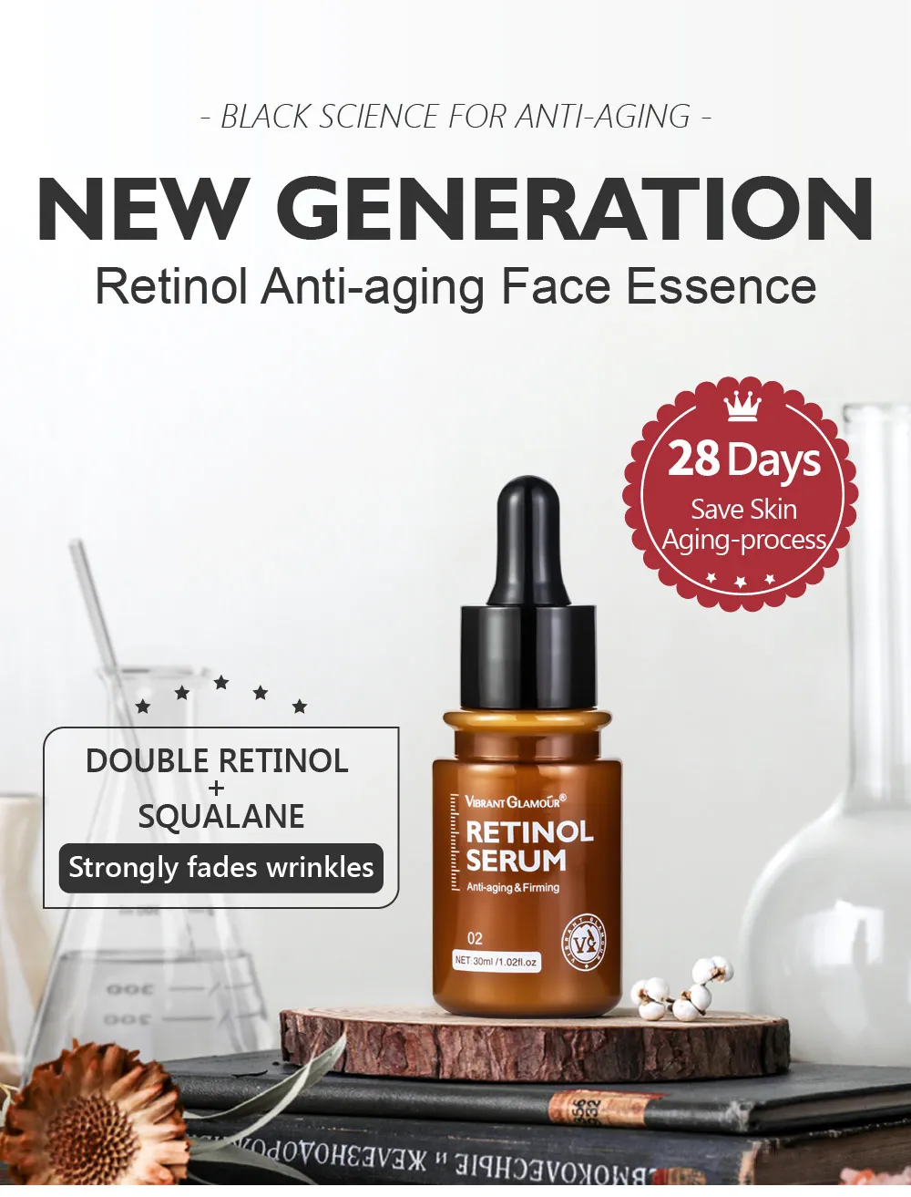 VIBRANT GLAMOUR Retinol Face Serum Moisturizing Whitening Firming Fade Fine Lines Anti-wrinkle Anti-aging Deep Care Essence 30ML