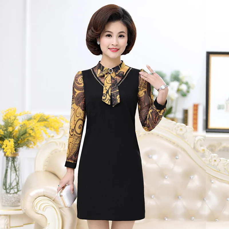 

Middle-aged Dress Mid-length Mom Autumn Clothing Long Sleeve Base Skirt Middle-aged Fat Woman Mock Two-Piece Printed Dress Fashi