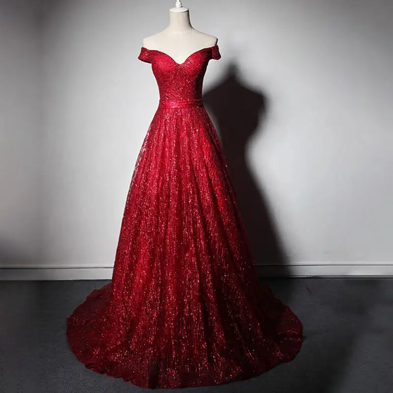 Сексуальное глубокое вечернее с вырезом «Лодочка» платья Robe De Soiree модное шикарное вечернее платье с блестками вечернее платье для выпускного вечера - Цвет: wine red