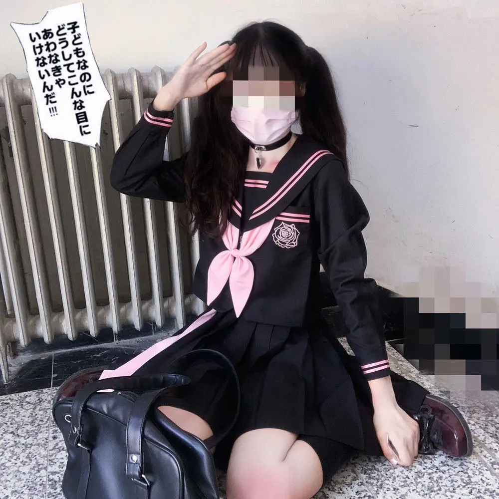 [devil\'s Tenderness] Diablo Jk Sailor Uniform Sets School Uniforms For Girls Embroidered Student Suit Long Sleeve Black Pink XL