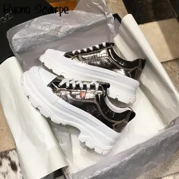 

Genuine Leather Women Platform Sneakers Crystal Strass Flats Thick Sole Women Leather Shoes Lace Up White Sneakers Painted Shoes