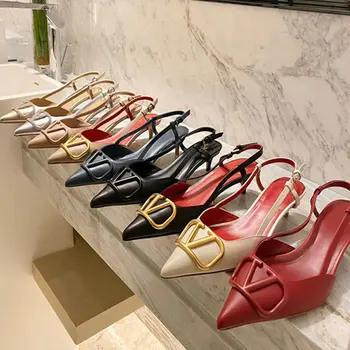 

Classic women's high heels, microfiber back strap metal V-shaped buckle pointed toe shoes, designer luxury luxury sandals