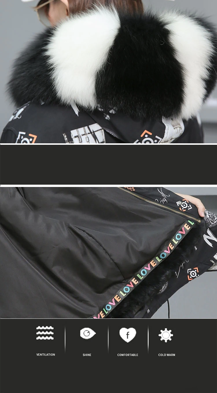 Fur Parkas Highstreet Allover Printed Real Fox Fur Collar Hooded Rabbit Fur Lining Long Coat Women Winter Casual Plus Outwear