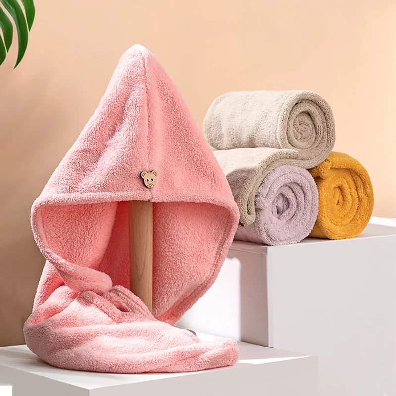 Microfiber Hair Towel, Care Cap with Button, Super Absorbent Hair Towel Wrap Fast Drying Wraps for Women Bathroom Accessories