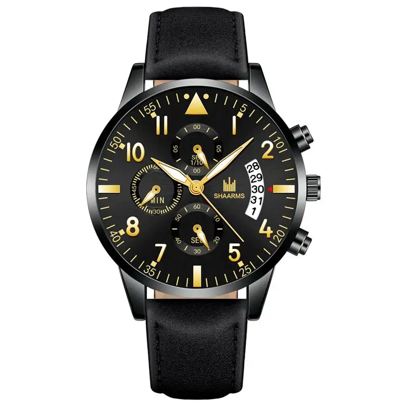 SHAARMS мужские черные часы Роскошный кожаный ремешок нержавеющая сталь кварцевые наручные часы мужские военные спортивные часы Relogio Masculino