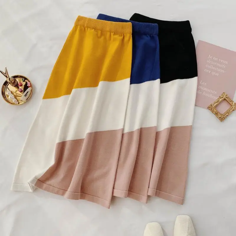 Korobov Skirts Women Autumn Winter New Striped Patchwork Skirt Korean Hit Color A-Line High Waist Knitted Falda Femme 78826