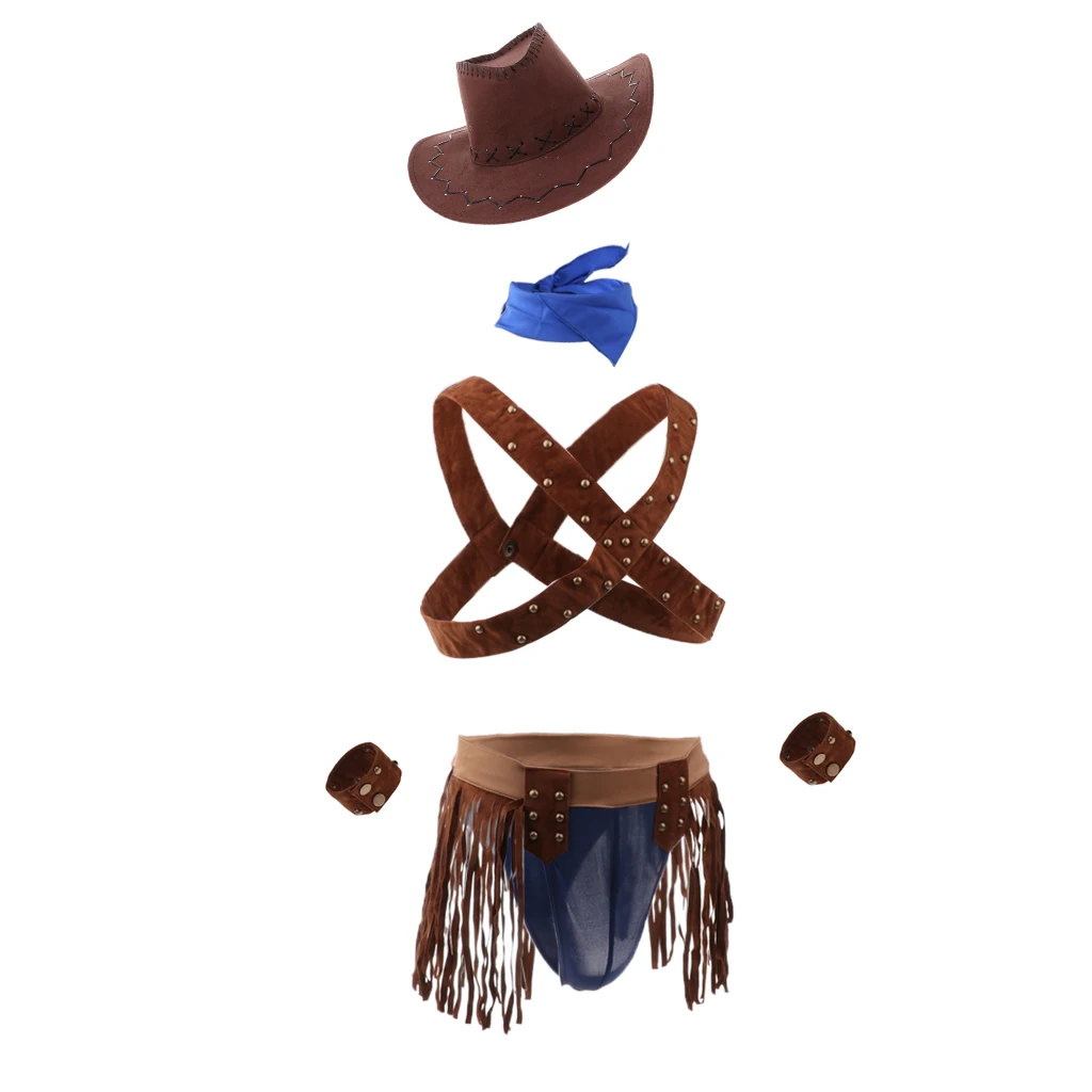 Men Sexy Lingerie Leather Harness Cosplay Role Play Outfit Leather Tops & Tassels Thong & Hat & Scarf & Bracelets Set