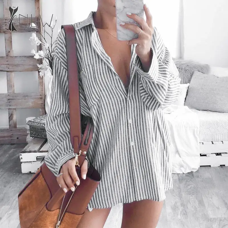 

NLW Casual Stripe Women Blouse Shirts Women High Fashion Streetwear Autumn Winter Blouses 2019 Plus Size Female Tops
