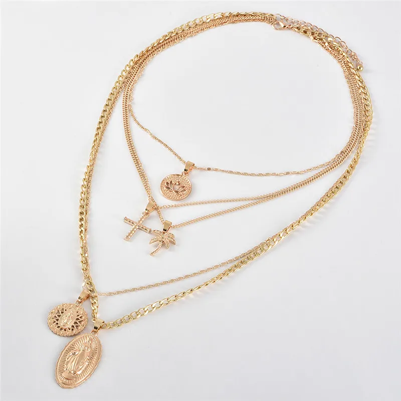 Винтажное многослойное христианский крест кулон ожерелье эффектное Девы Мэри религиозная цепь золотое ожерелье женщин колье панк ювелирные изделия