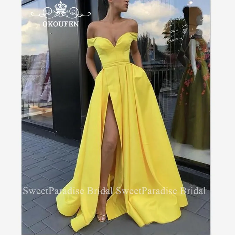 

Yellow Satin Off Shoulder Evening Dress Long A Line Sexy Women Side Split Formal Prom Dresses Party Robe De Soiree