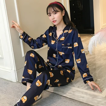 

Plus Size Silk Satin Pajama Sets for Women Spring Autumn Long Sleeve Cartoon Print Pyjama Sleepwear Lounge Homewear Pijama Mujer