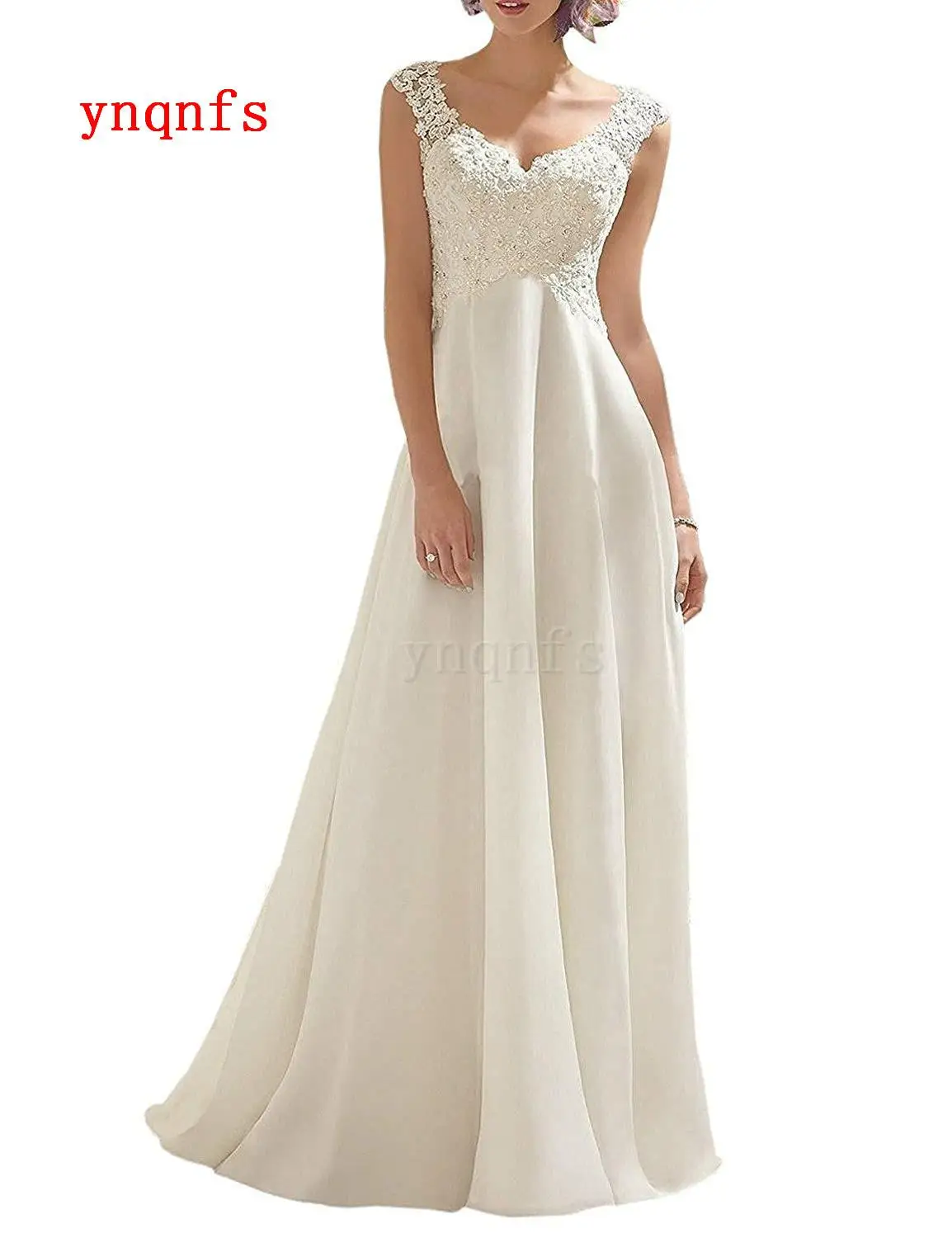 YNQNFS Ivory white long lace chiffon cloth Women’s Wedding Dress Lace Double V-Neck Sleeveless Mother dress  ML17