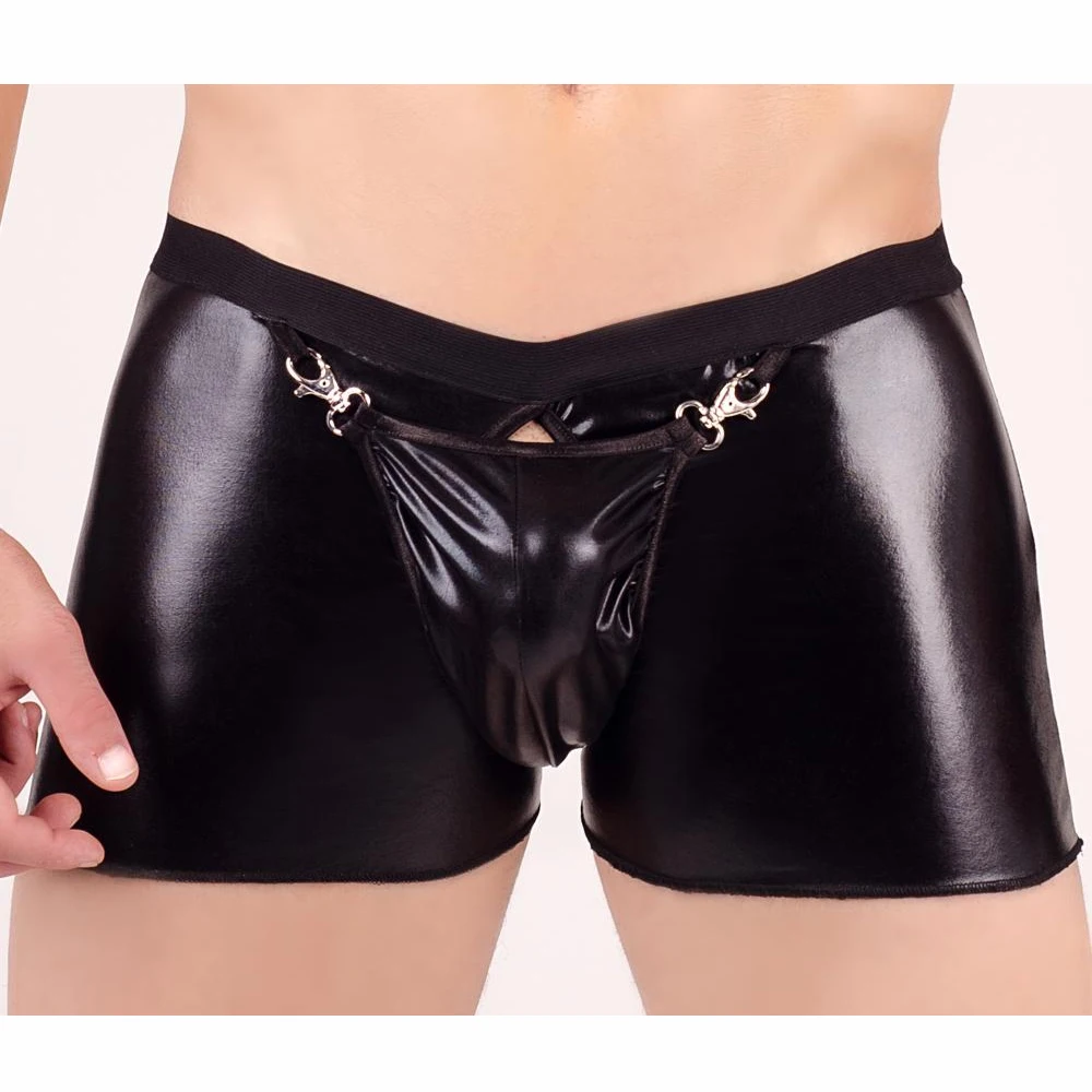 

Sexy Lingerie Men Latex Porno Latex Pants Men Metal Clip Decorate Patent Leather Hot Erotic Open Crotch Nightclub Stage Costume