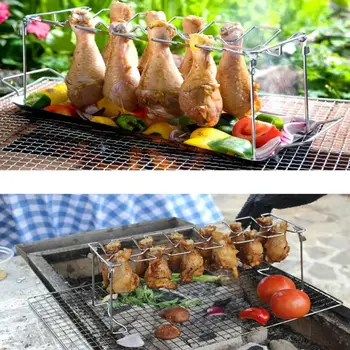 

Useful Stainless Steel Chicken Wing Leg Rack Grill Holder with Drip Pan for BBQ High Quality BBQ Rib Non Stick Carbon Steel