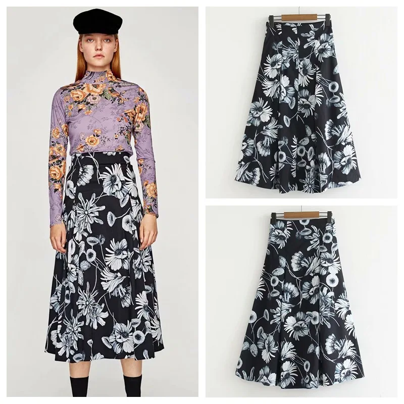 

Spring And Autumn Women's Flower Printed Mid-length Midi Skirt
