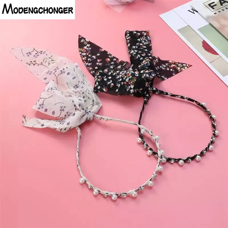 

2019 Fashion Fairy Peals Crystal Plaid Hairband Headband Bowknot Ribbon Women Girls Flower Print Girls Bandages Hair Accessories